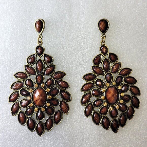 Large Dark Brown Floral Motif Earrings - Picture 1 of 11